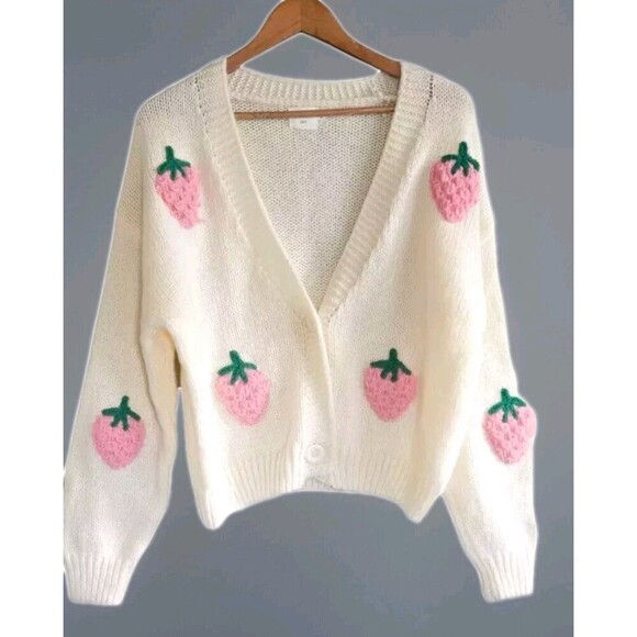 Luna Knit Cardigan Pink Embroidered Strawberry Button Front Novelty Women Medium - Picture 1 of 7